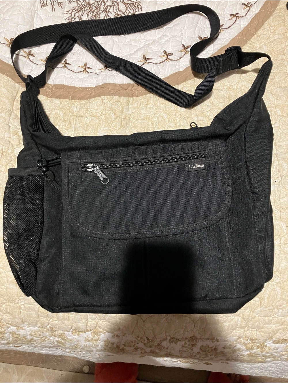 L.L. Bean Black Messenger Bag with Front Zip Pocket